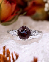 SOLIVINE Round Cut Alexandrite Moissanite Two Side Stones Engagement Ring